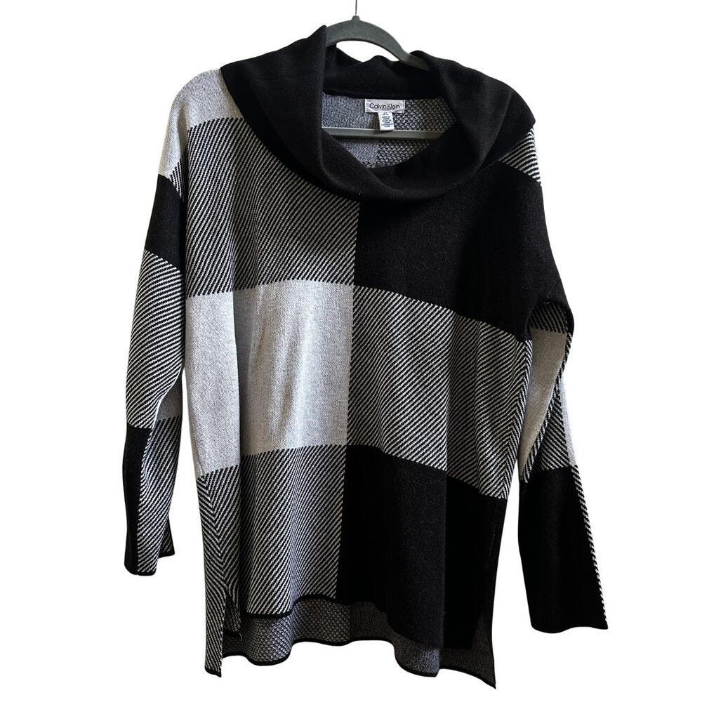 Calvin Klein Black Gray Plaid Cowl Neck Tunic Sweater M